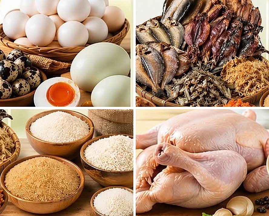 A selection of MCEE products: eggs, dried seafood, grains and chicken
